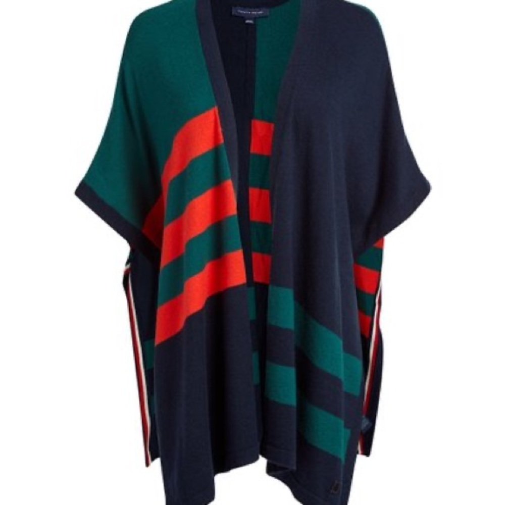 TOMMY HILFIGER Women's Soft Knit Prep Colorblock Design Cardigan Poncho Sweater